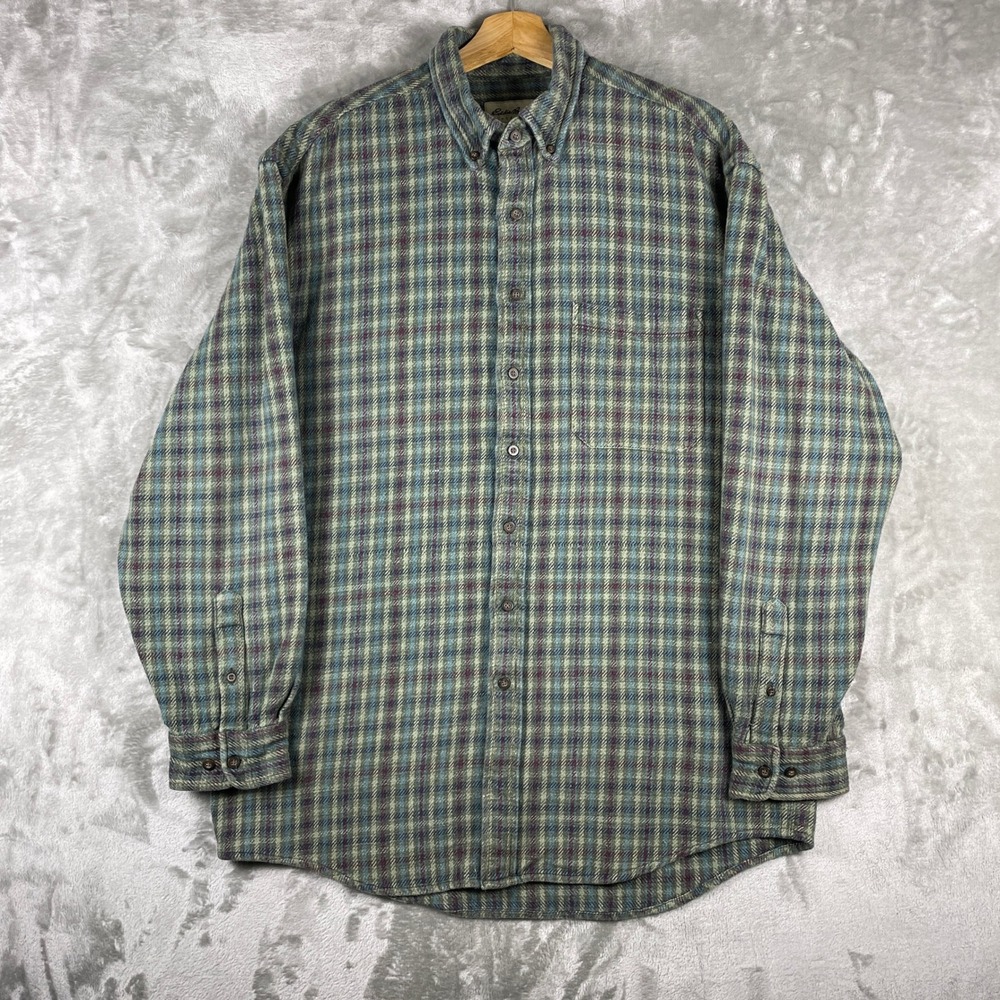 Eddie Bauer Woven Flannel Shirt Mens L Tall Green Plaid Long Sleeve Button Down